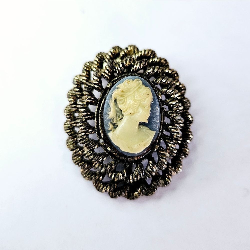 Vintage Signed Gerry's Cameo Gold Tone Blue Cream Silhouette Brooch Pin Pendant